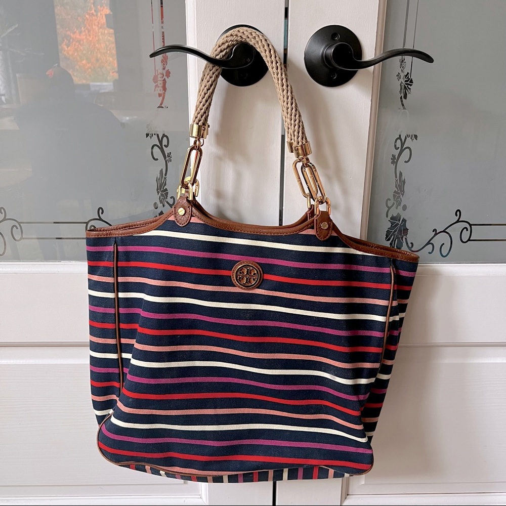 Tory Burch Canvas Tote Bag- navy with purple:red:pink/white stripes